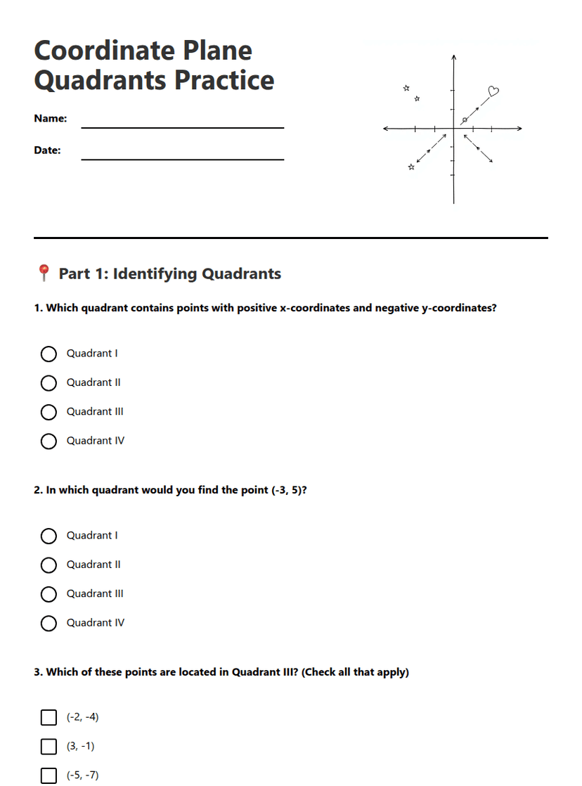 Coordinate Plane Quadrants Practice