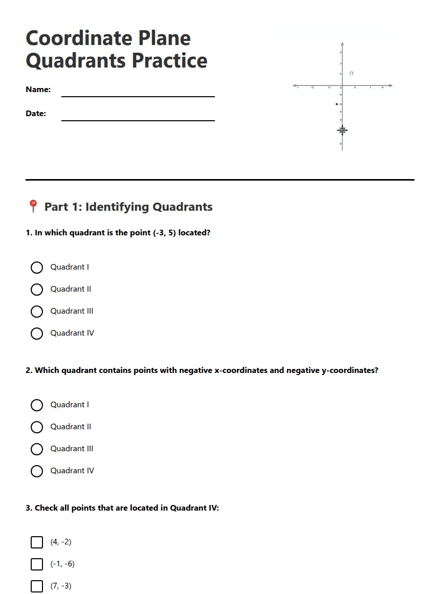 Coordinate Plane Quadrants Practice worksheet preview