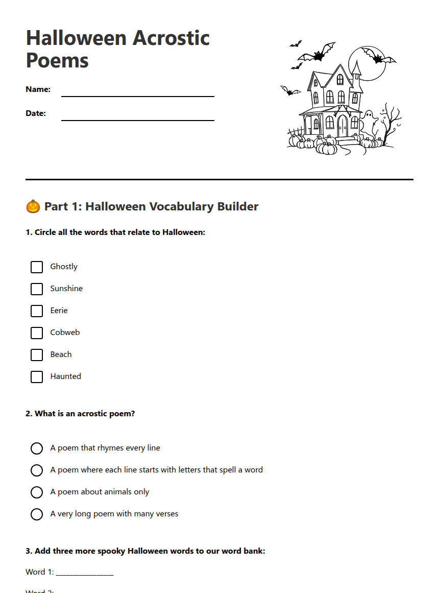 Halloween Acrostic Poems worksheet preview