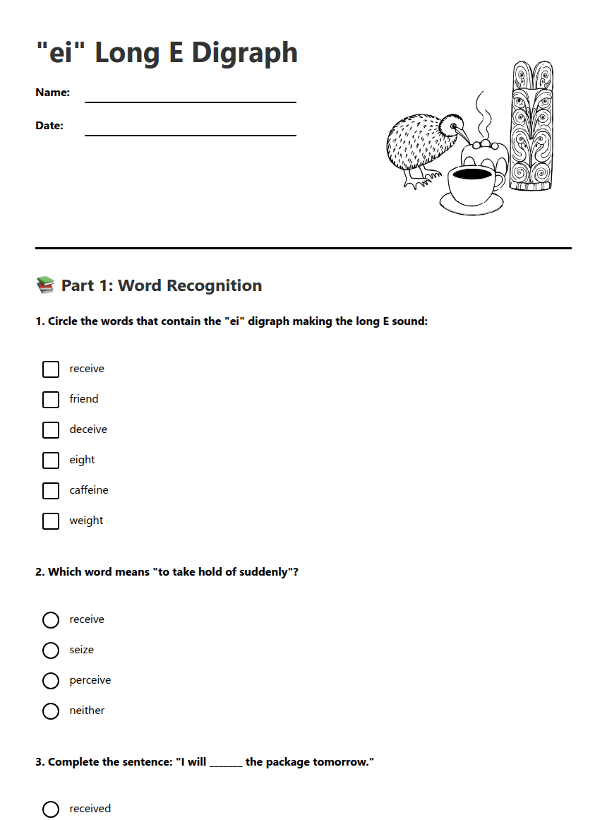 "ei" Long E Digraph worksheet preview