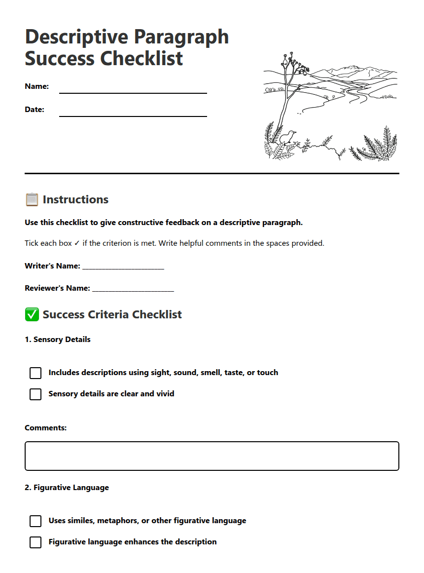 Descriptive Paragraph Success Checklist worksheet preview