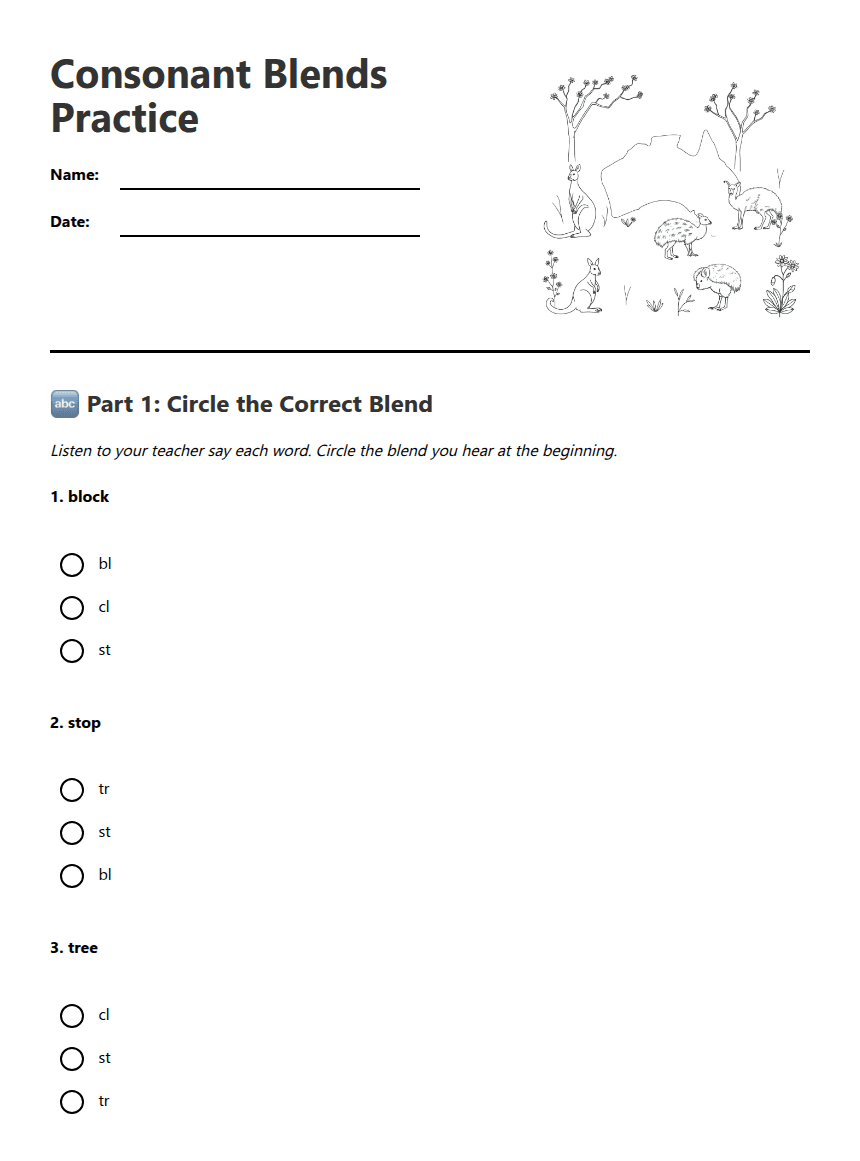 Consonant Blends Practice worksheet preview