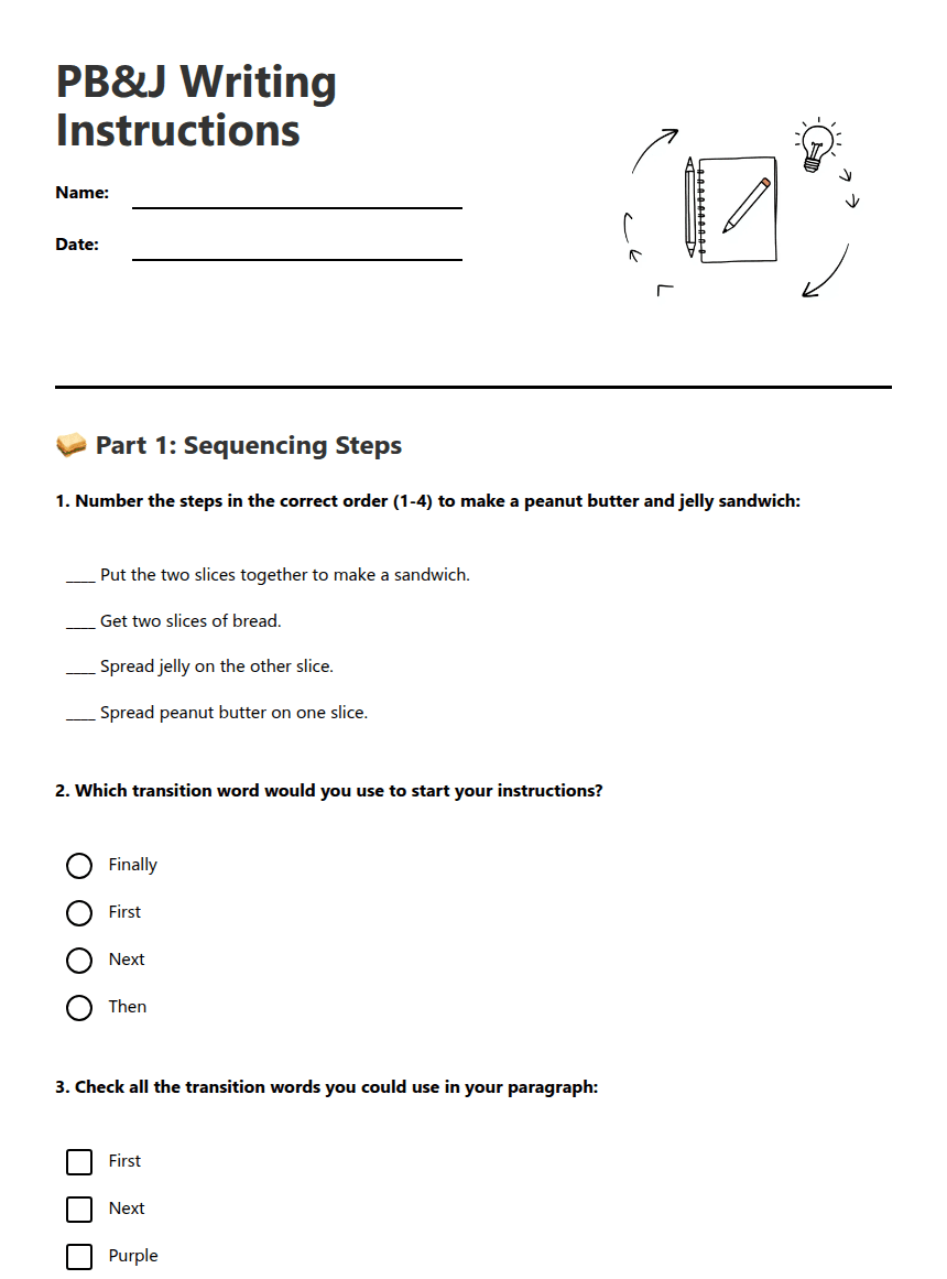 PB&J Writing Instructions worksheet preview
