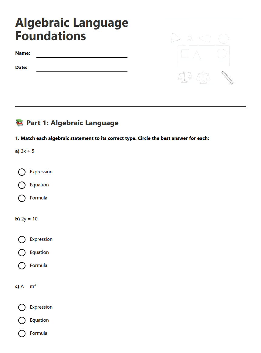 Algebraic Language Foundations worksheet preview