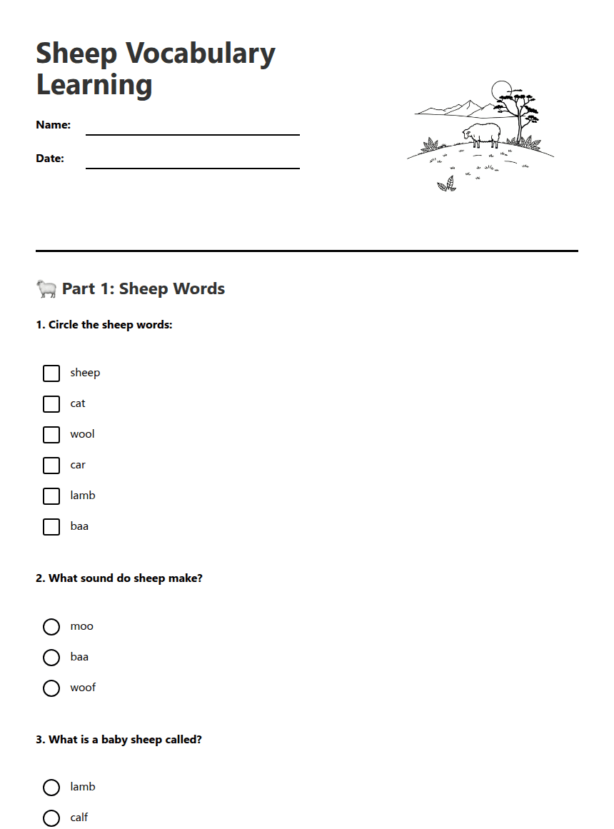 Sheep Vocabulary Learning worksheet preview