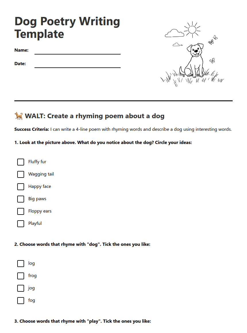 Dog Poetry Writing Template worksheet preview