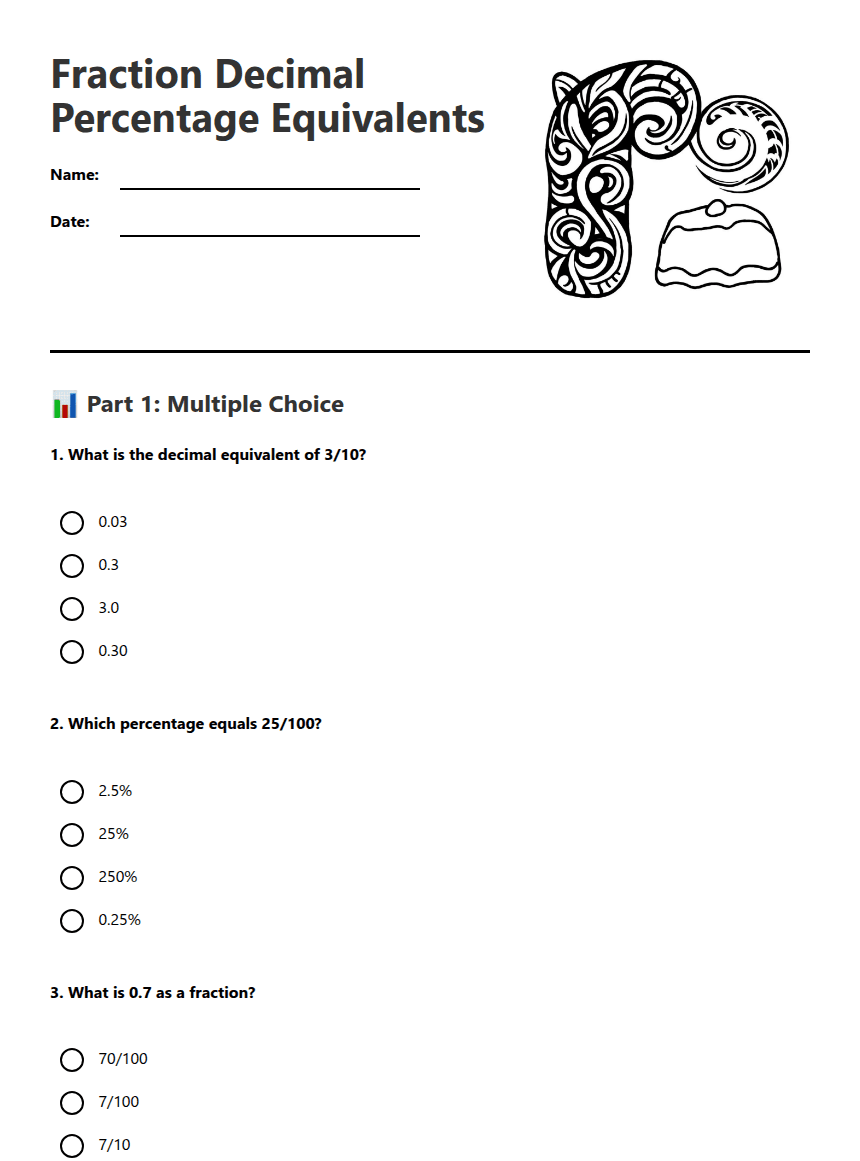 Fraction Decimal Percentage Equivalents worksheet preview