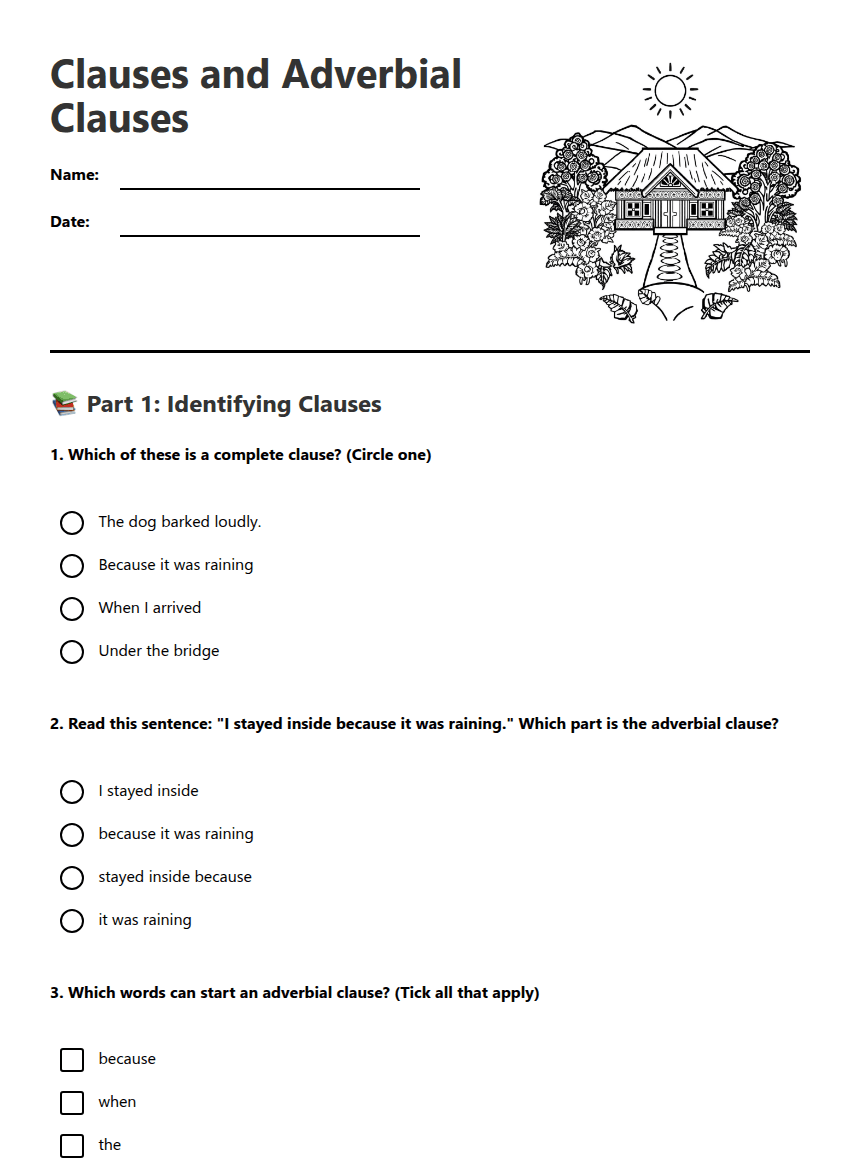 Clauses and Adverbial Clauses worksheet preview