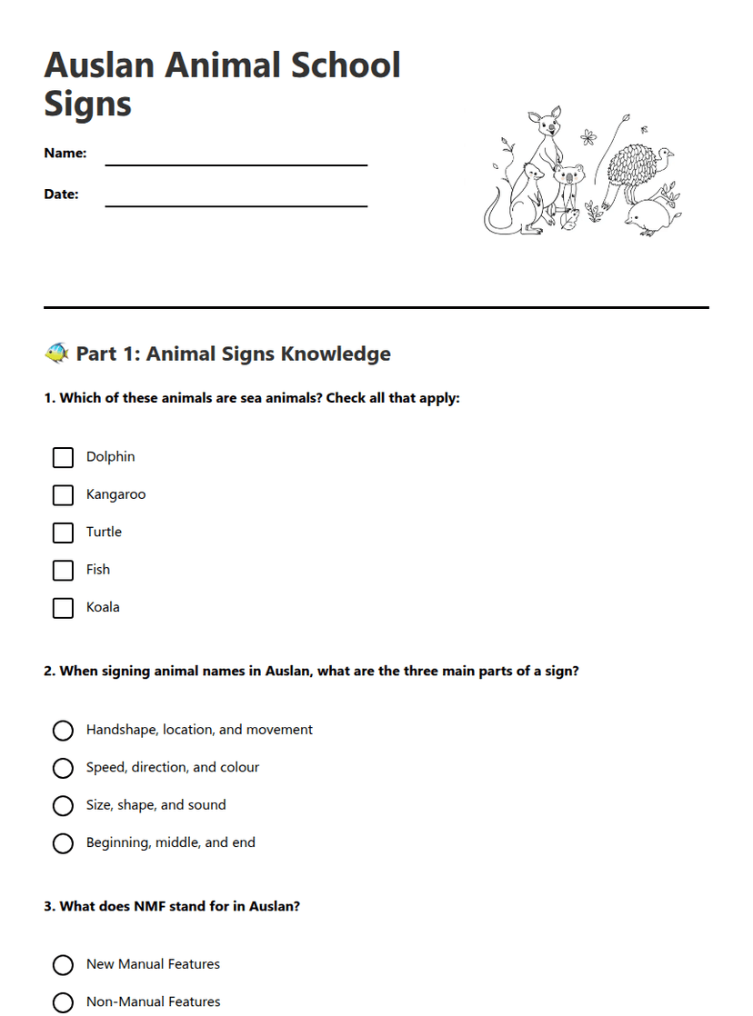 Auslan Animal School Signs