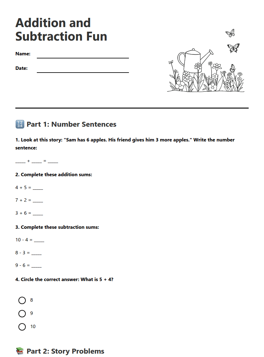 Addition and Subtraction Fun worksheet preview