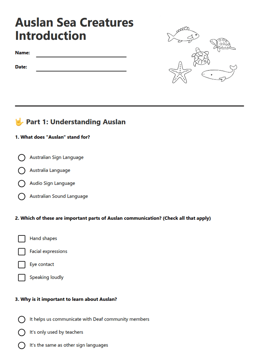 Auslan Sea Creatures Introduction