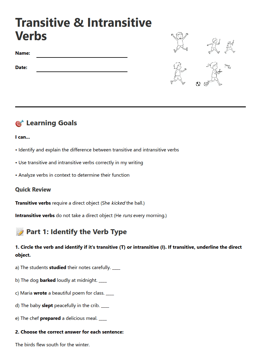 Transitive Intransitive Verbs worksheet preview