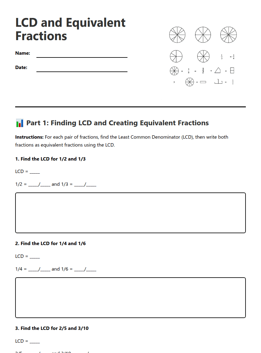 LCD and Equivalent Fractions worksheet preview