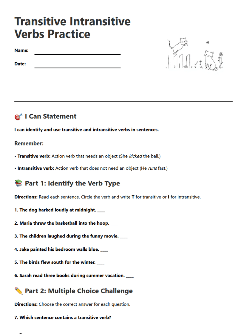 Transitive Intransitive Verbs Practice