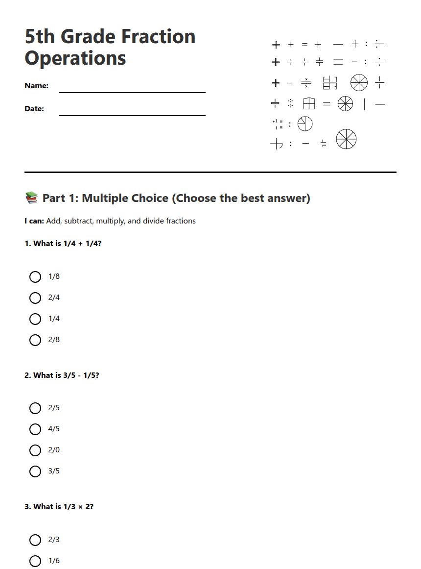 5th Grade Fraction Operations worksheet preview
