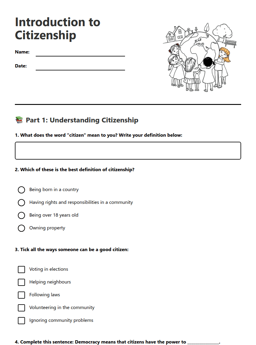 Introduction to Citizenship worksheet preview