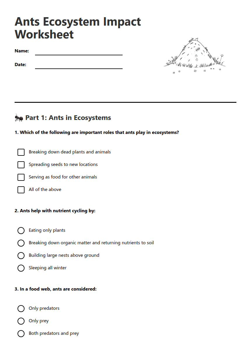 Ants Ecosystem Impact Worksheet worksheet preview