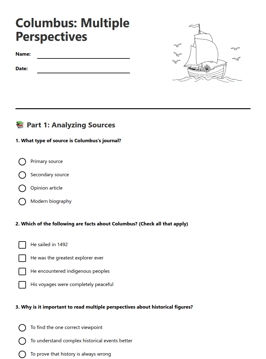 Columbus: Multiple Perspectives worksheet preview