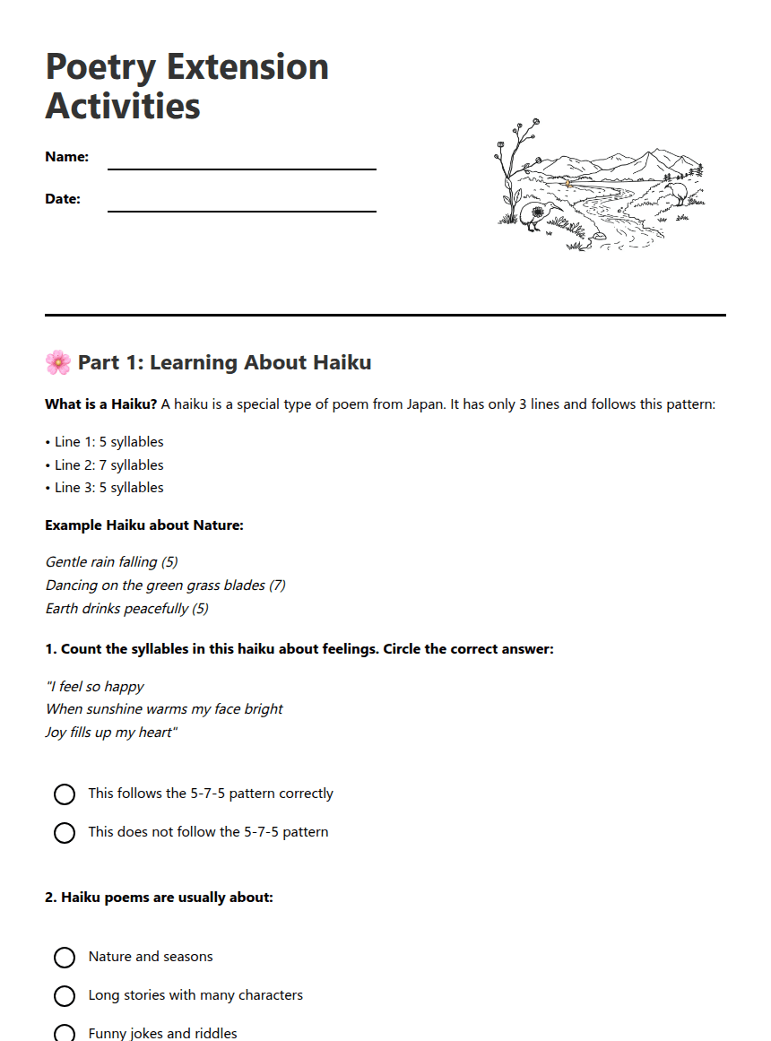 Poetry Extension Activities worksheet preview