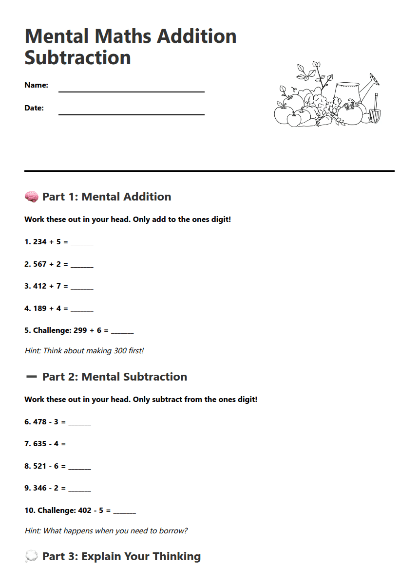 Mental Maths Addition Subtraction worksheet preview