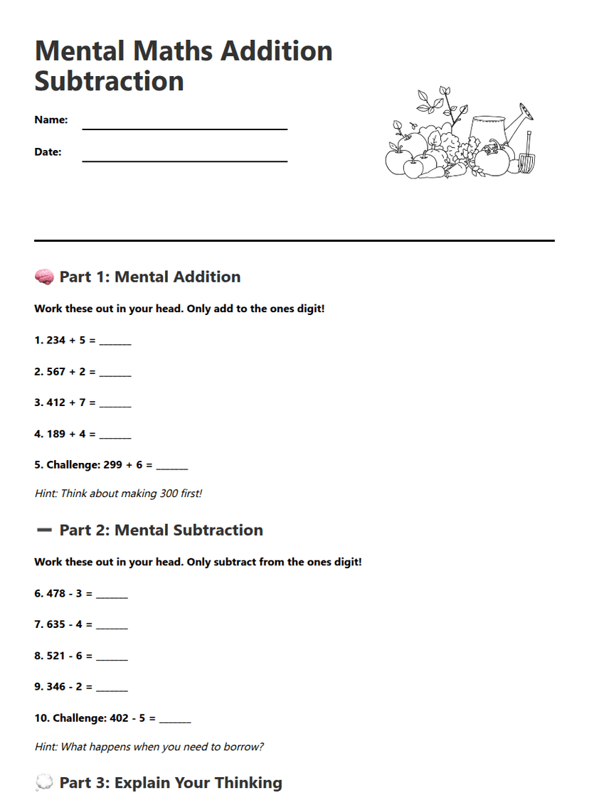 Mental Maths Addition Subtraction