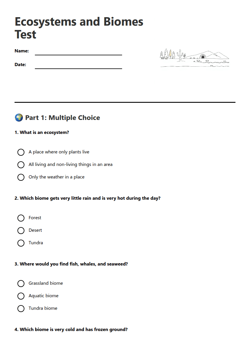 Ecosystems and Biomes Test worksheet preview