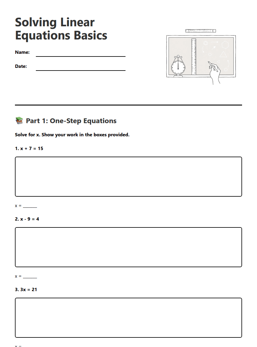 Solving Linear Equations Basics worksheet preview
