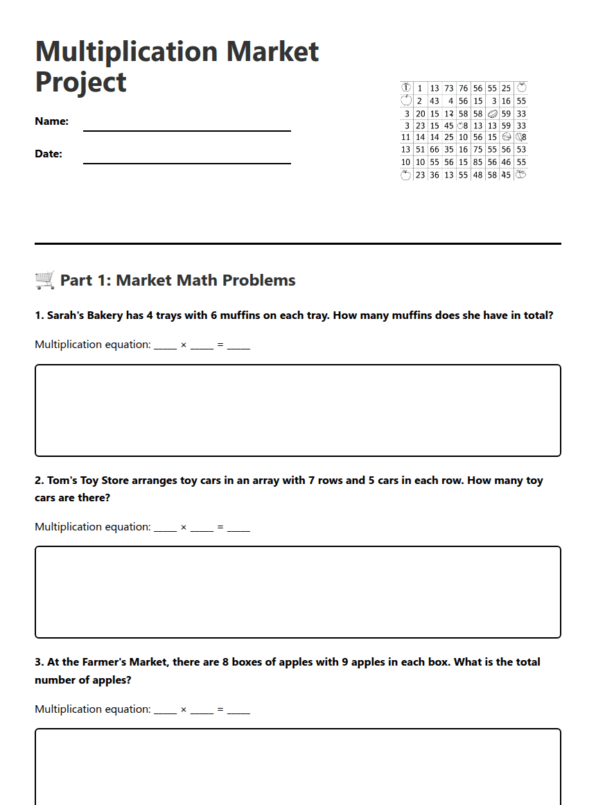 Multiplication Market Project worksheet preview