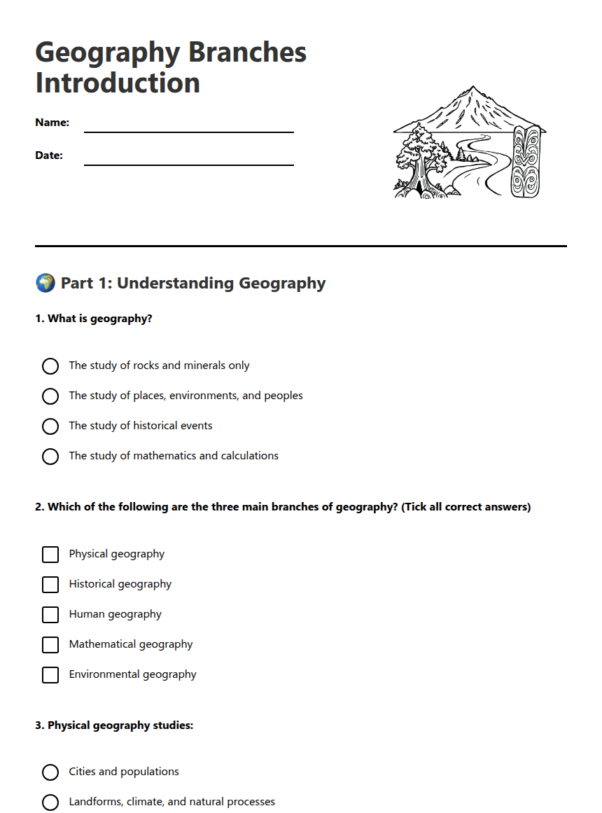 Geography Branches Introduction worksheet preview