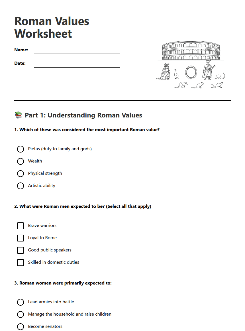 Roman Values Worksheet worksheet preview