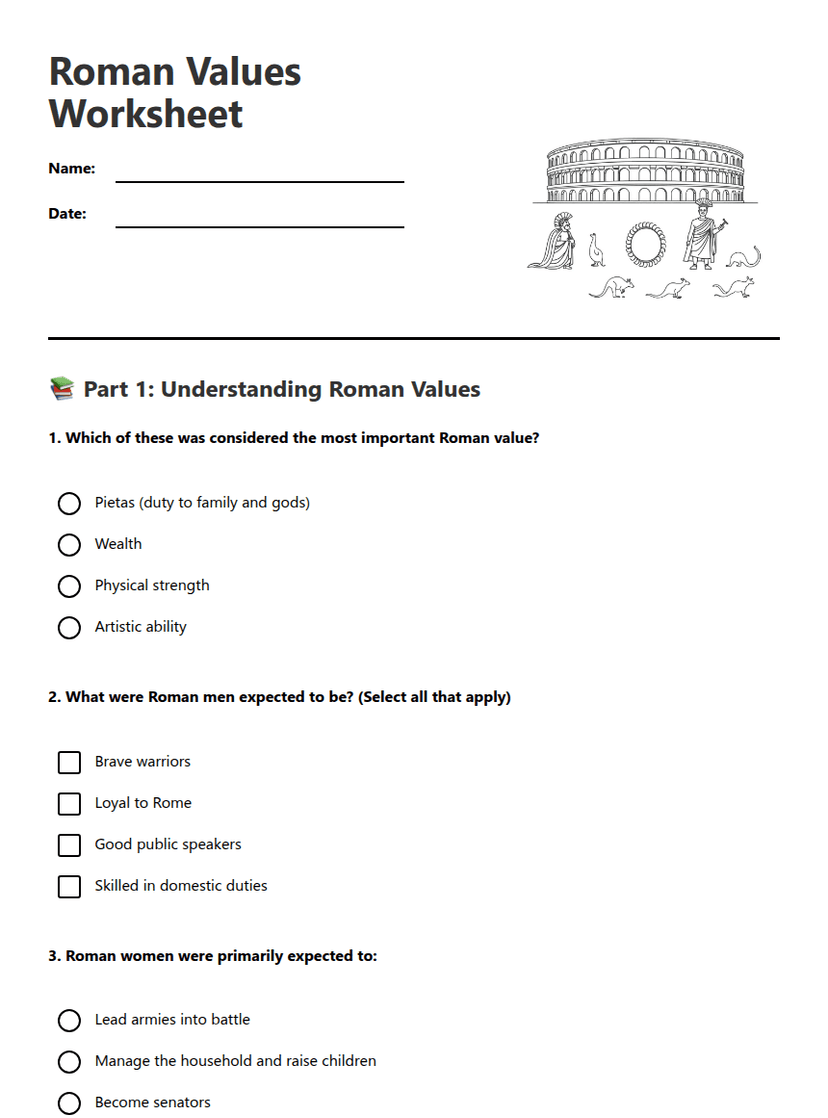 Roman Values Worksheet