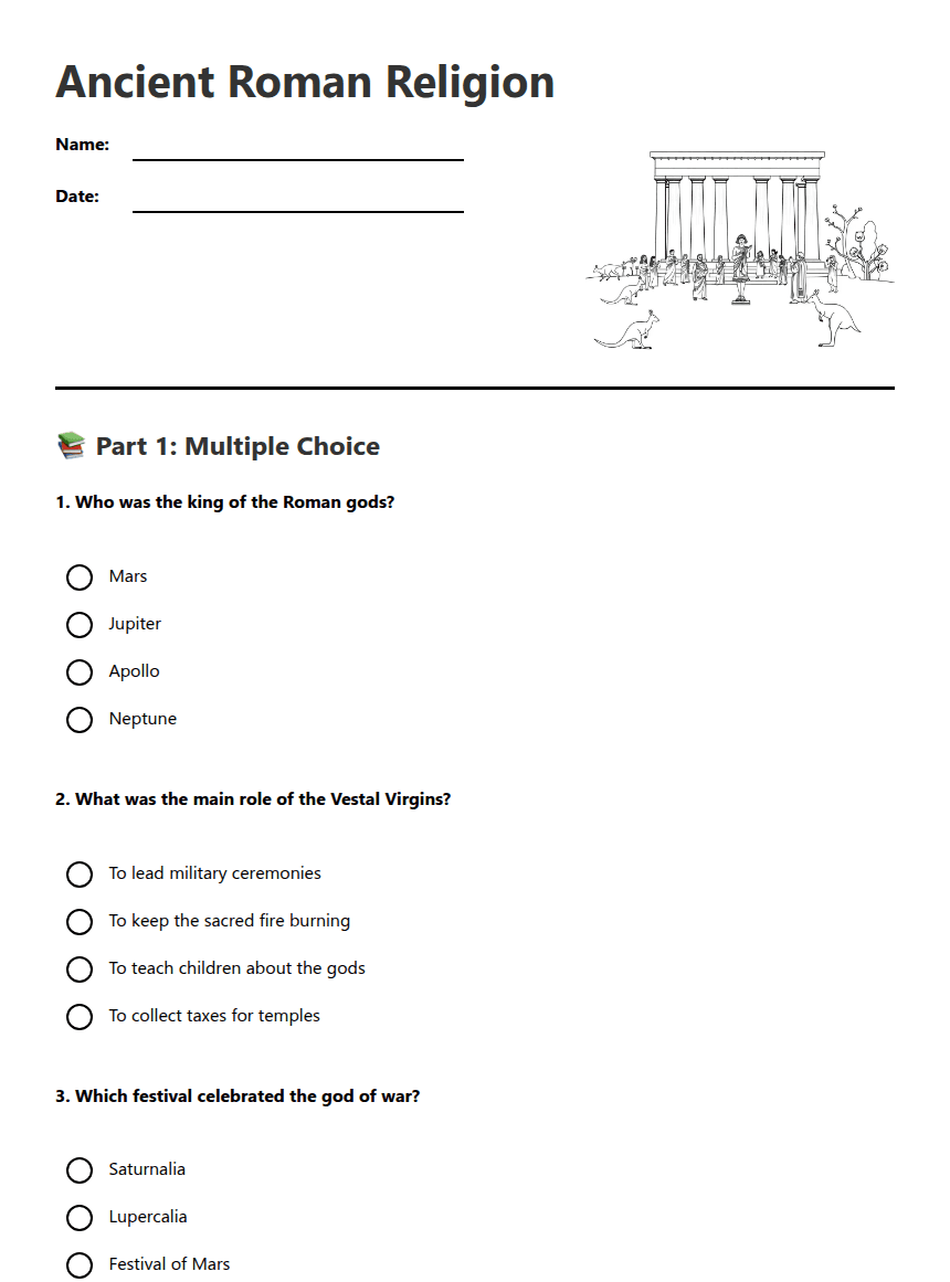 Ancient Roman Religion worksheet preview