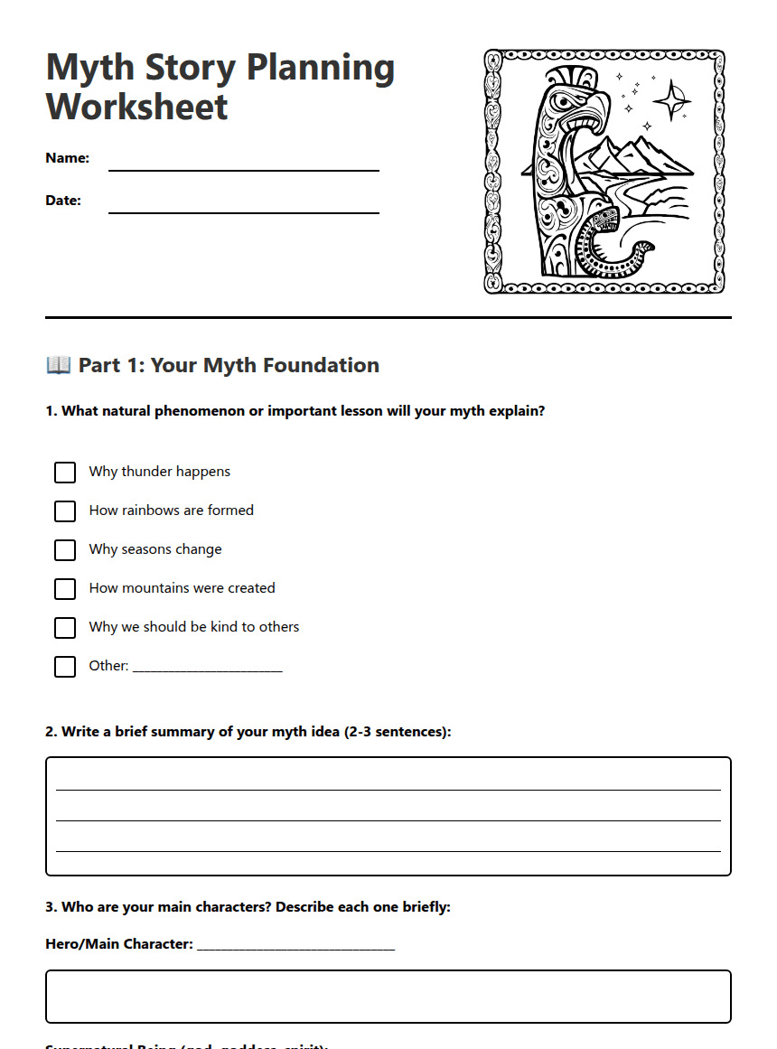 Myth Story Planning Worksheet worksheet preview