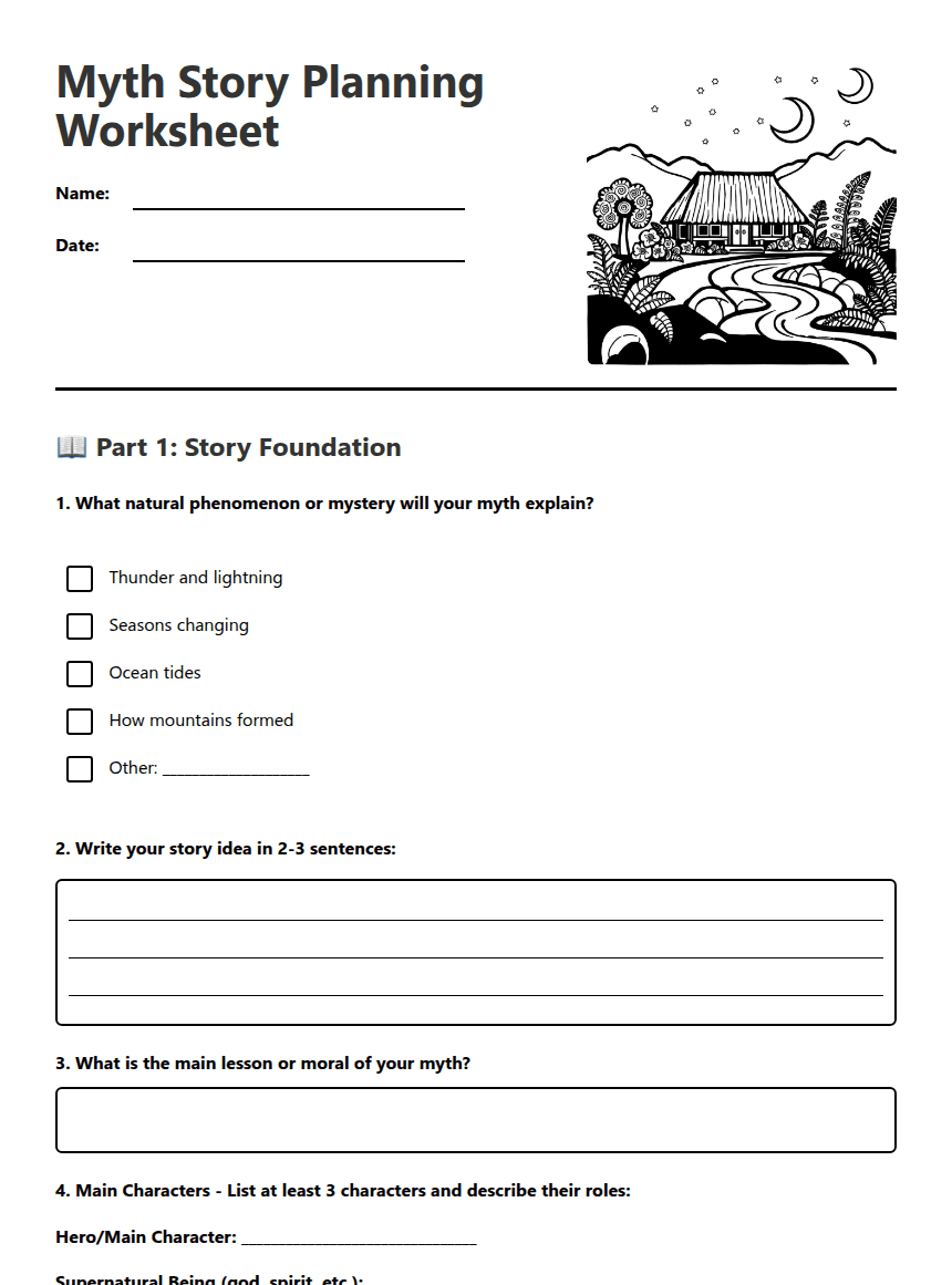 Myth Story Planning Worksheet worksheet preview