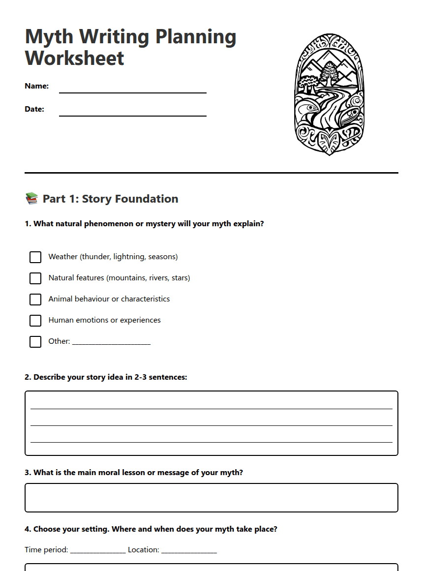 Myth Writing Planning Worksheet worksheet preview