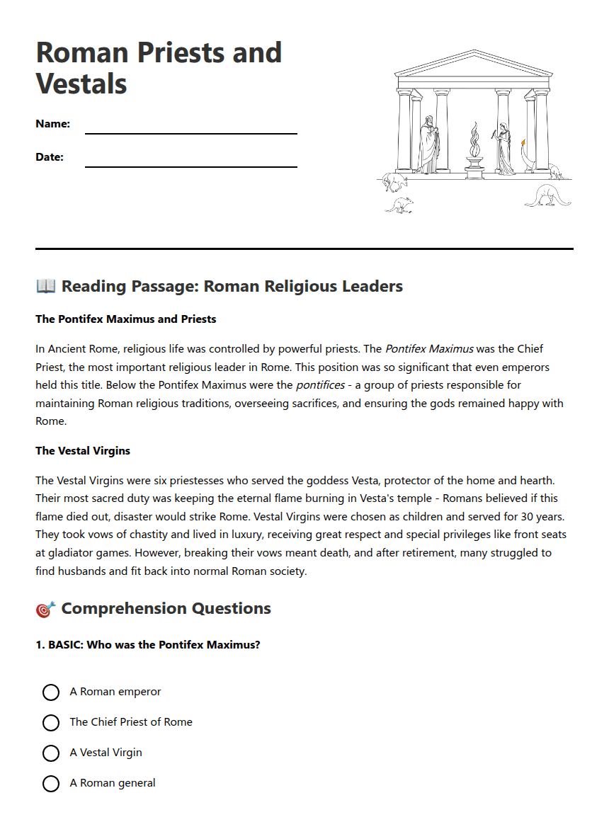 Roman Priests and Vestals worksheet preview