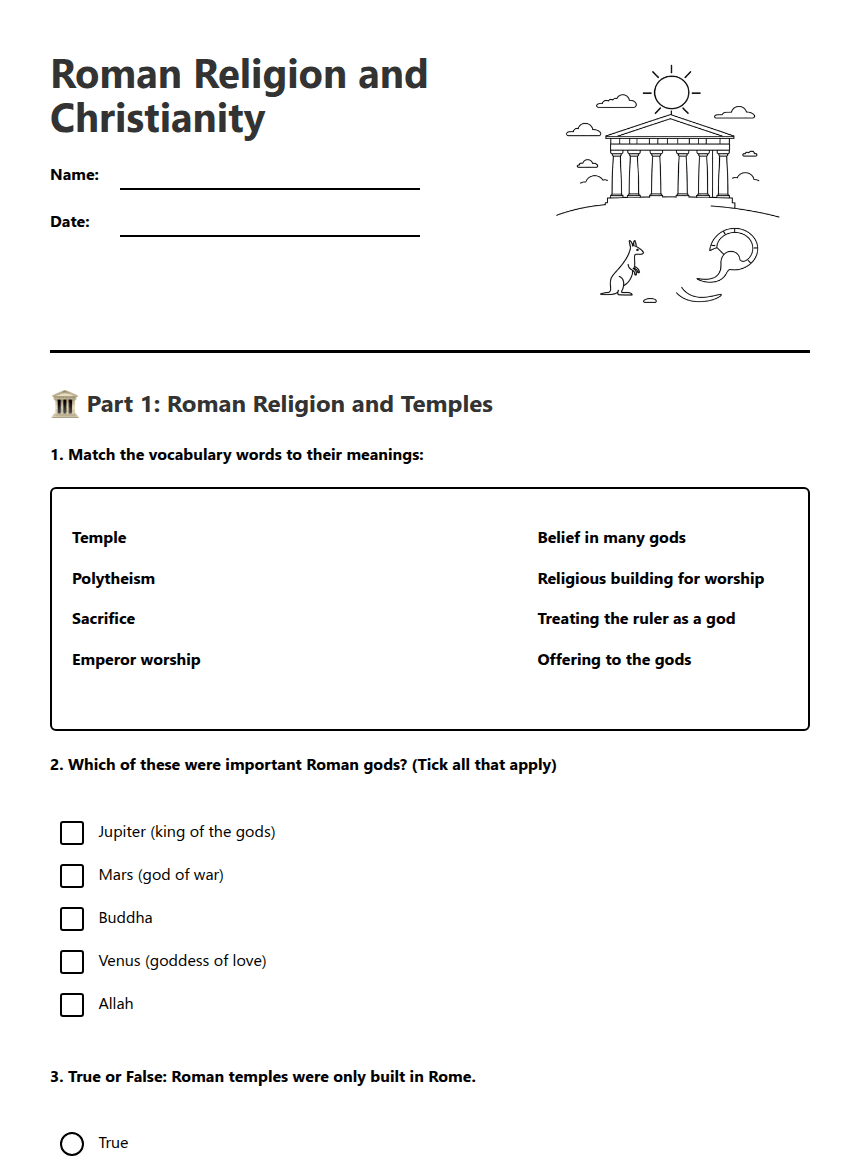 Roman Religion and Christianity worksheet preview