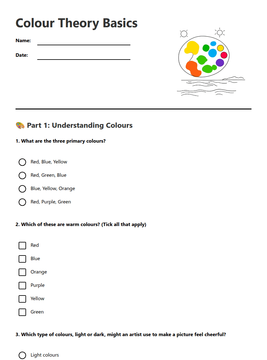 Color Theory Basics worksheet preview