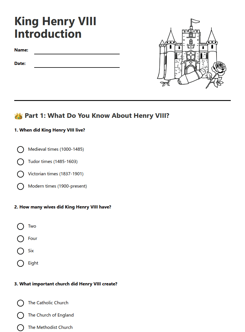 King Henry VIII Introduction worksheet preview
