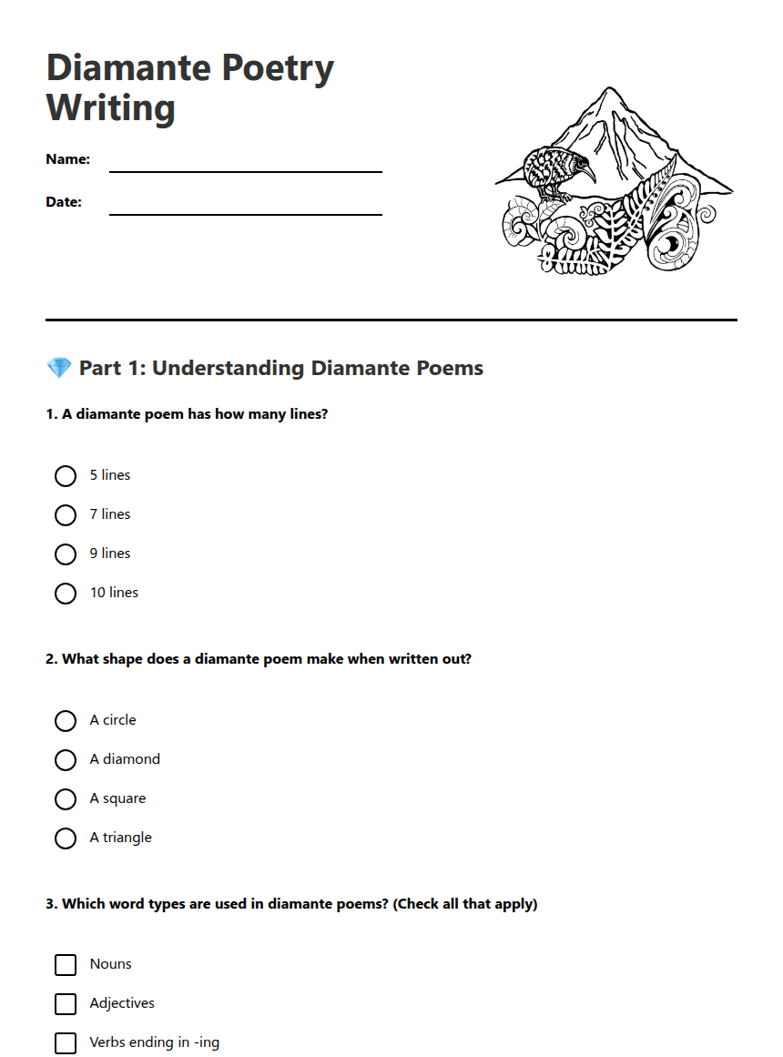 Diamante Poetry Writing worksheet preview