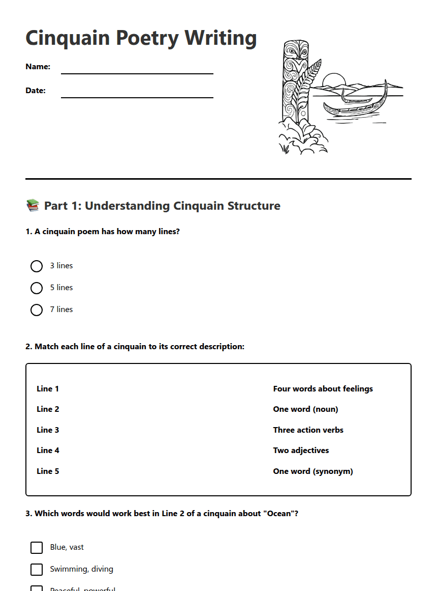 Cinquain Poetry Writing worksheet preview