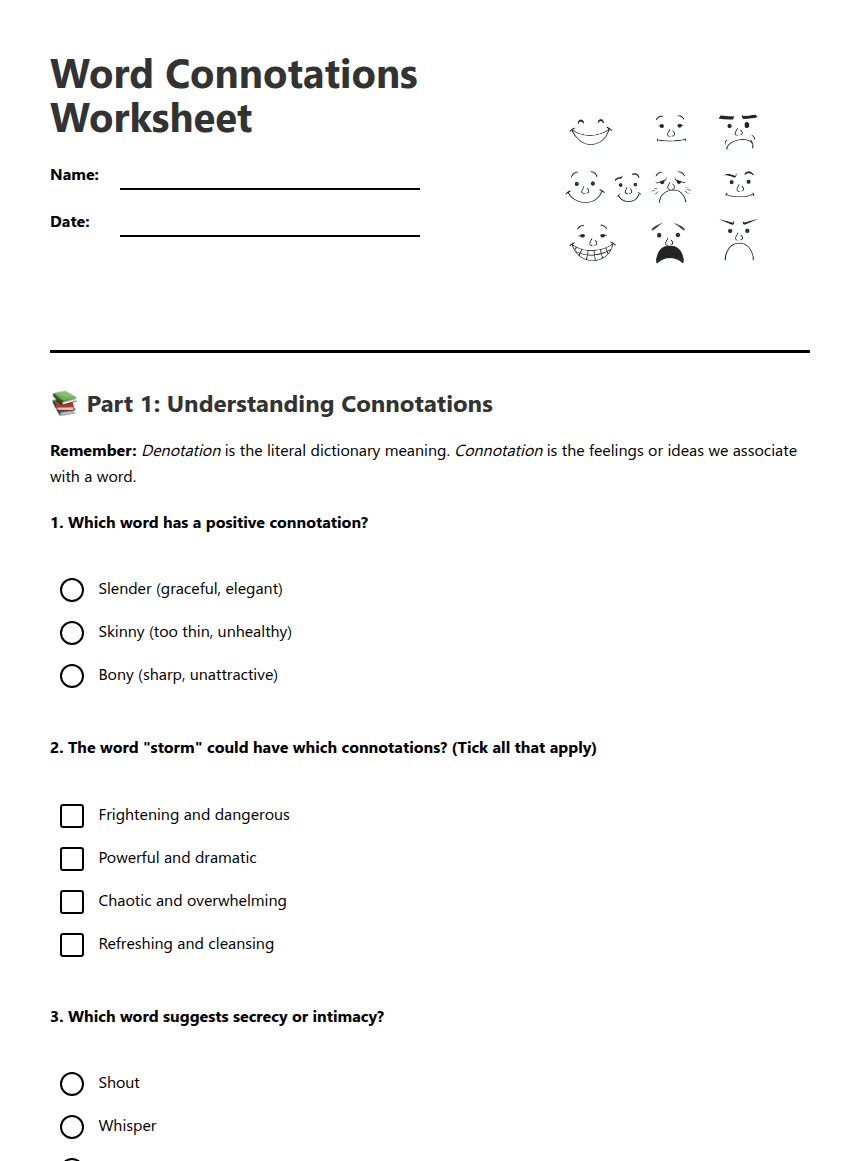 Word Connotations Worksheet worksheet preview