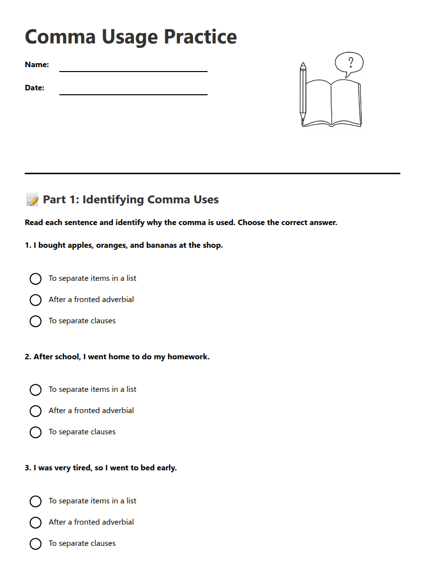 Comma Usage Practice worksheet preview