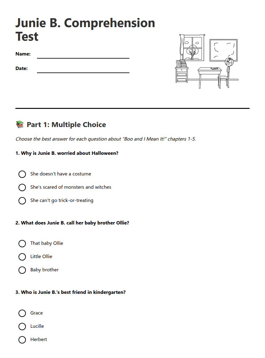 Junie B. Comprehension Test worksheet preview