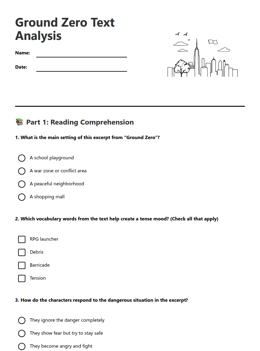 Ground Zero Text Analysis worksheet preview