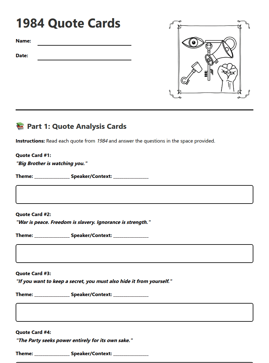 1984 Quote Cards worksheet preview