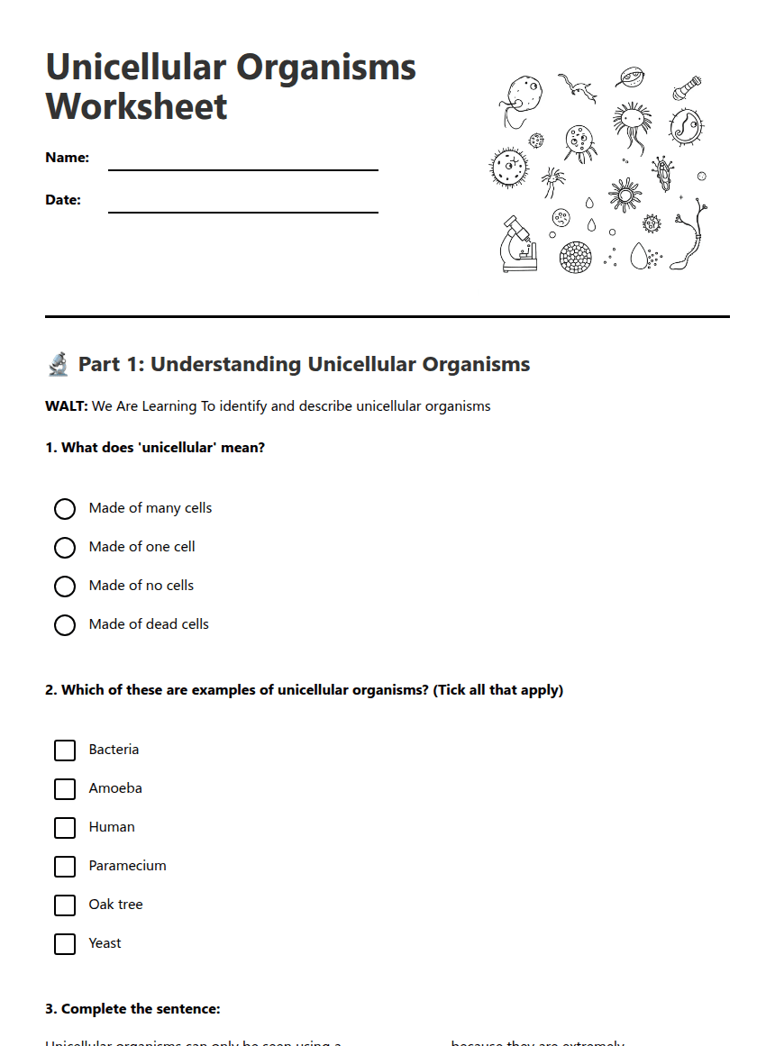 Unicellular Organisms Worksheet worksheet preview