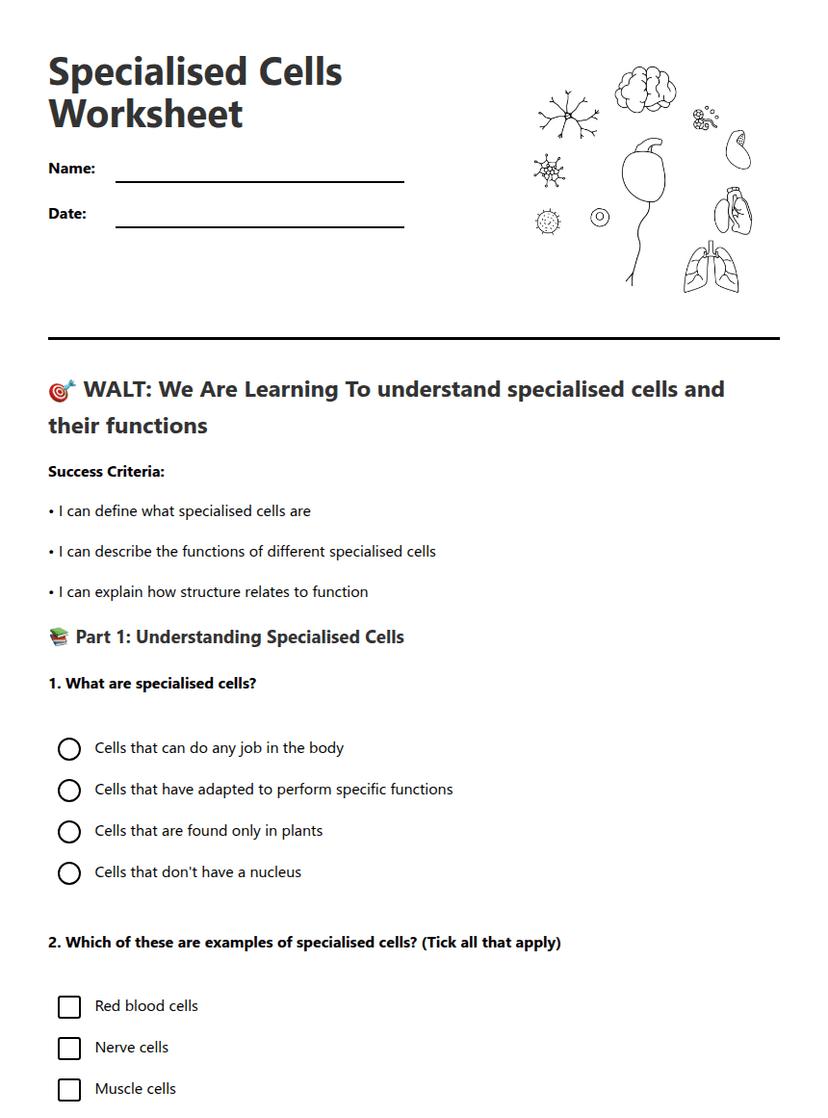 Specialised Cells Worksheet