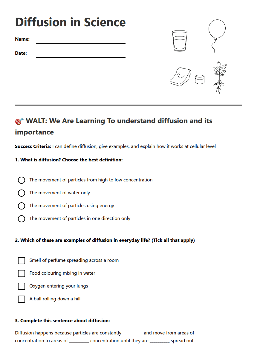 Diffusion in Science worksheet preview