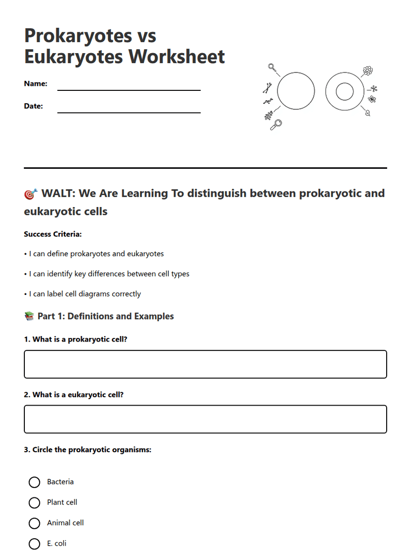 Prokaryotes vs Eukaryotes Worksheet